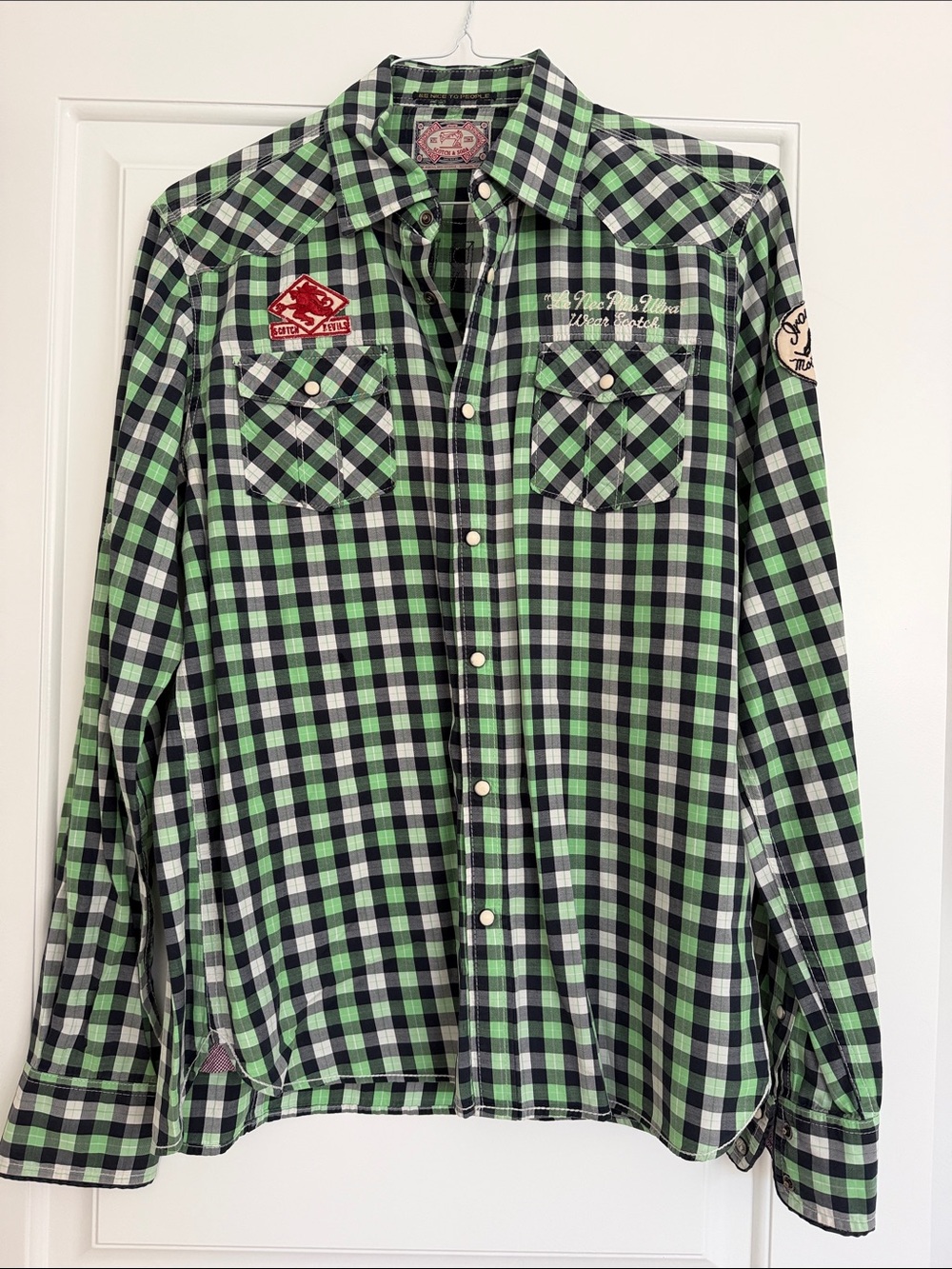 Scotch & Soda - Men's Green Plaid Button-Up Shirt with Patch Details